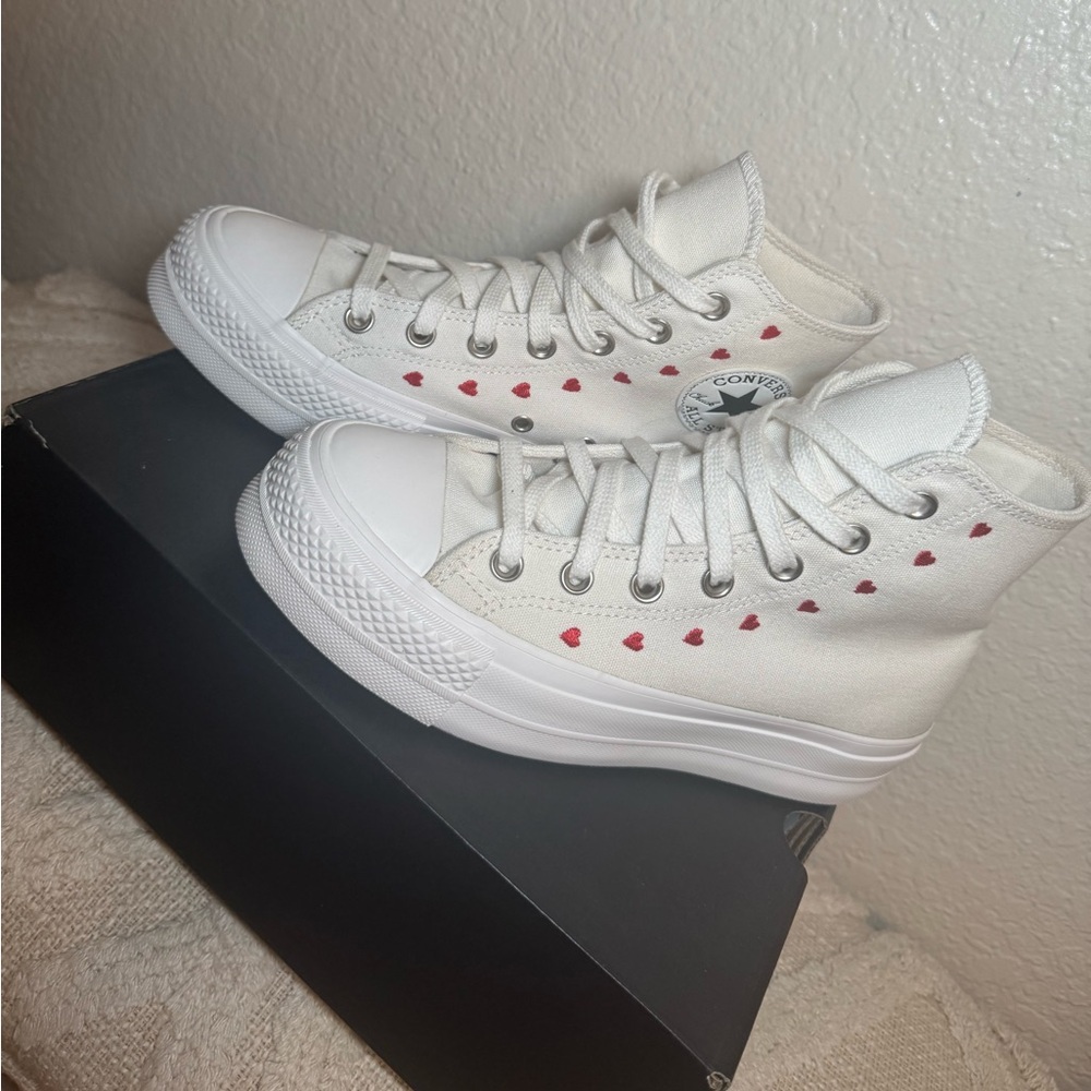 Converse White High Top Sneakers with Red Heart Accents